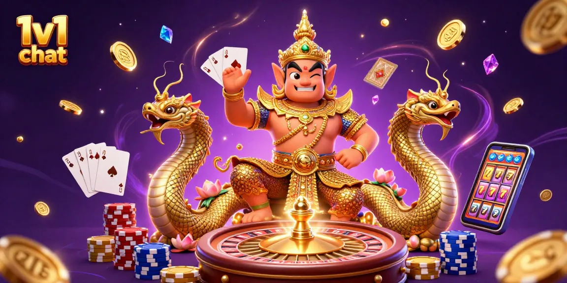 Engage in exciting 1v1 chat while enjoying vibrant casino visuals with golden coins, roulette, and poker elements.