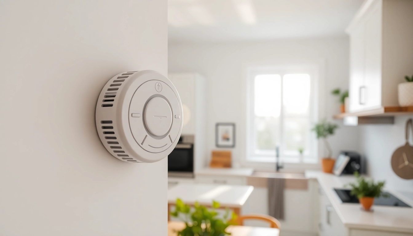 Carbon monoxide detector beeping in a well-lit home kitchen, emphasizing safety features.