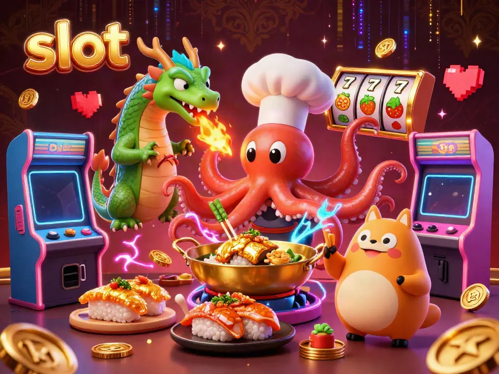 Engage in thrilling slot action with colorful characters amidst vibrant arcade machines.