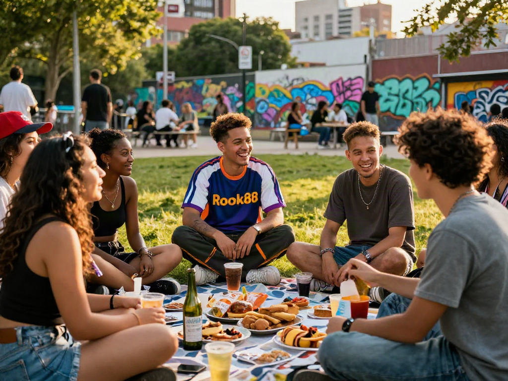Young adults enjoying a vibrant outdoor gathering in rokok88 streetwear, showcasing community and style.