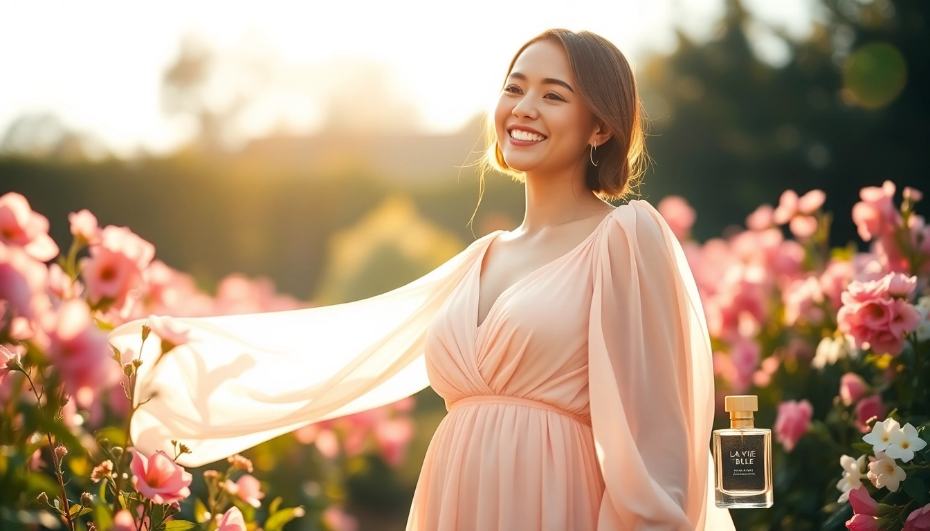 Capture the essence of La vi est belle with a joyful woman in a blooming garden.