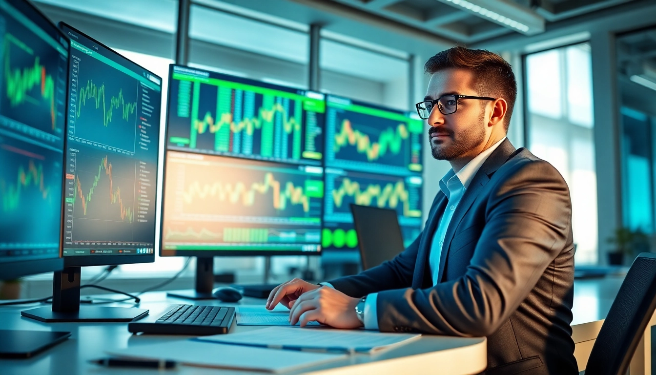 Trader analyzing data on sway markets in a modern workspace, illustrating motivation and expertise.