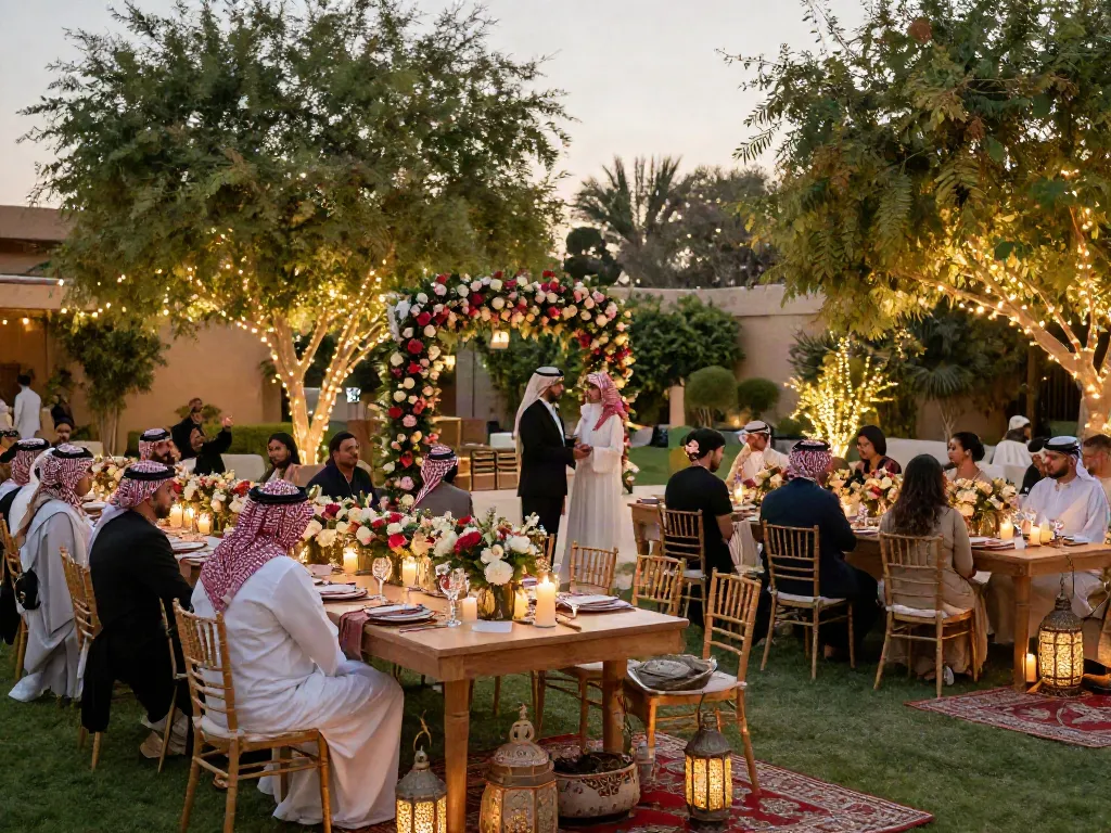 Outdoor wedding reception showcasing event rental ksa elegance with floral decor and soft lighting.