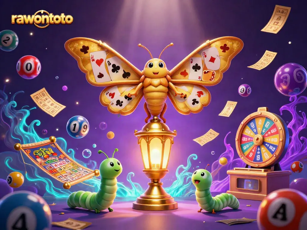 rawontoto menampilkan ilustrasi kasino dengan kupu-kupu 3D berwarna emas dan elemen lotere yang dinamis.