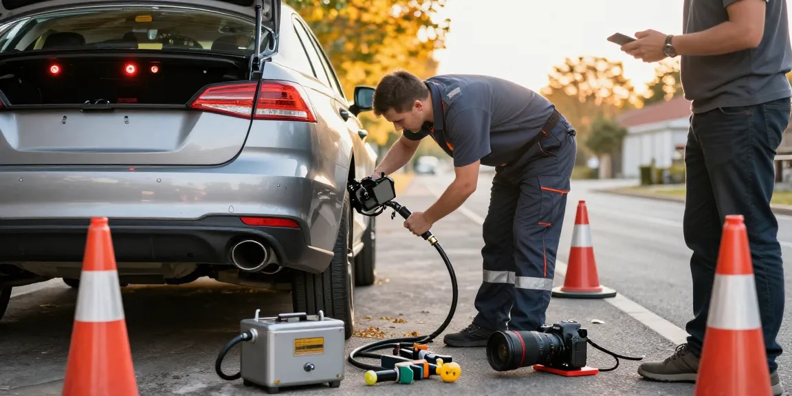 Diesel in petrol car emergency service with technician draining contaminated fuel on roadside.
