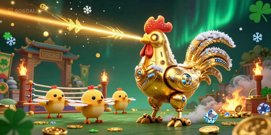 Engage in vibrant gaming with LGOGOAL as golden rooster robot leads baby chicks in a lively casino scene.