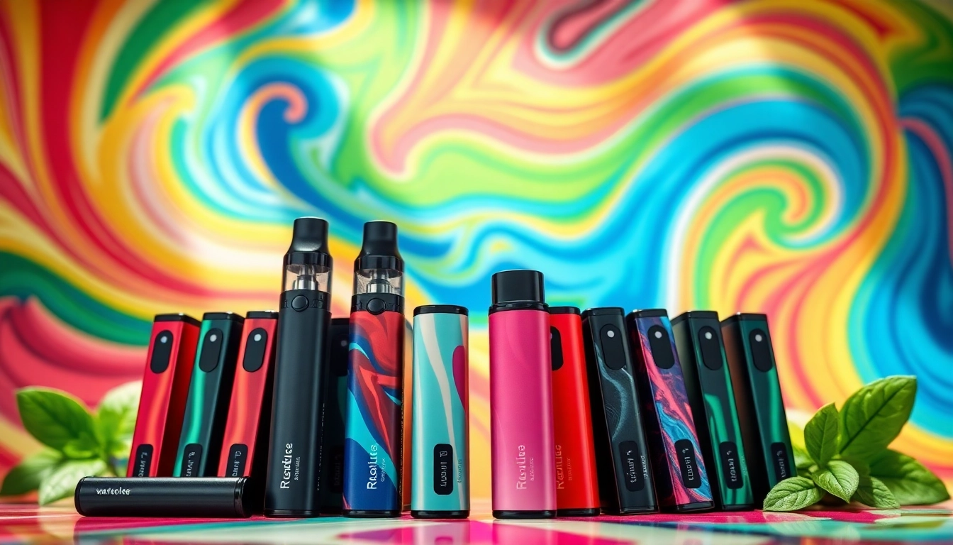 Showcasing funky republic disposable vapes with vibrant designs against a colorful backdrop.