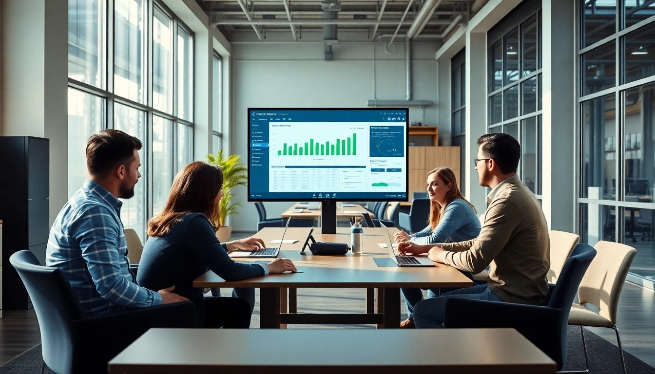 Team using production planning software in a collaborative office setting to enhance productivity.