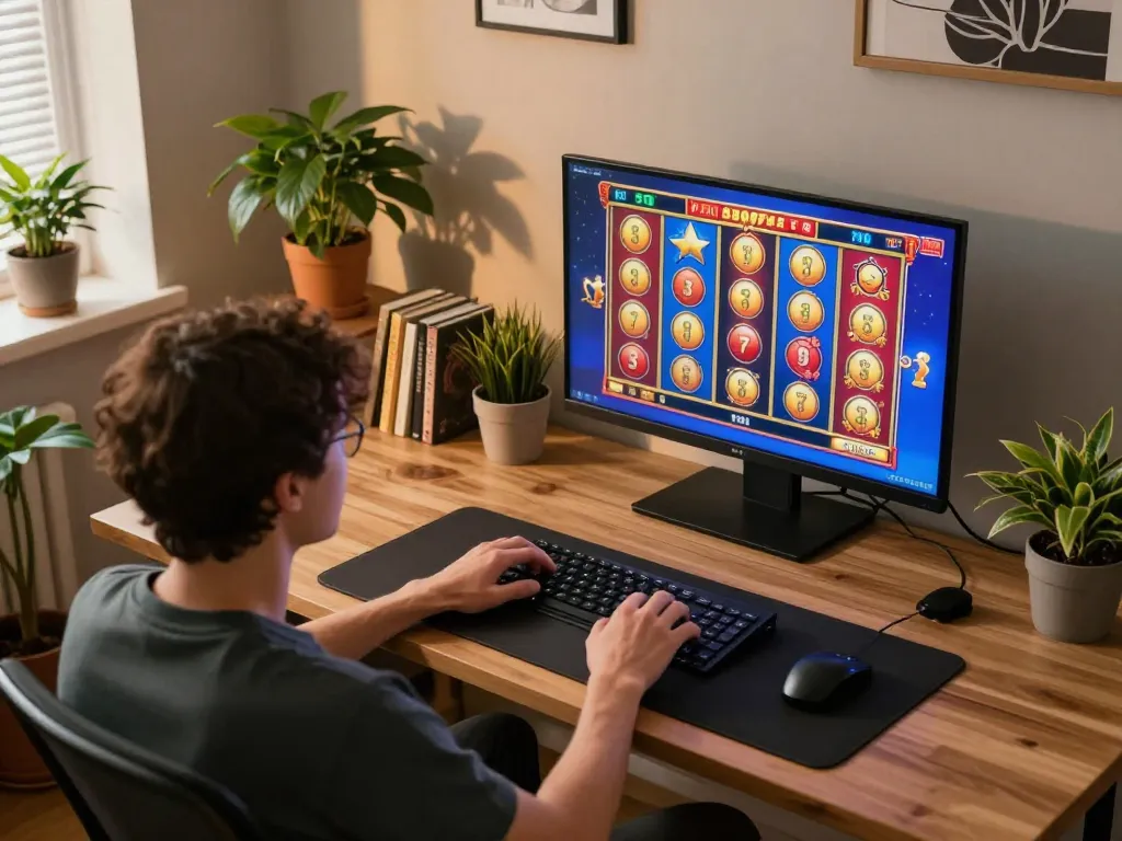 Player enjoying a thrilling moment of slot gacor malam ini at home, showcasing winning spins and vibrant digital interface