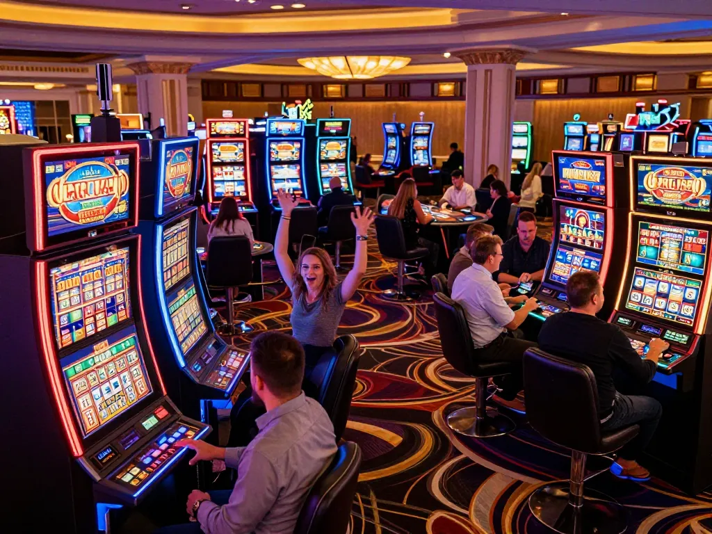 Players celebrating a slot bet 50 win in an upscale Vegas casino, vibrant atmosphere.