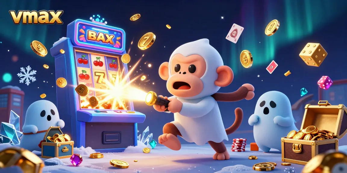 Experience the thrill of vmax casino action with a playful poltergeist monkey and adventurous puppy in a vibrant casino.