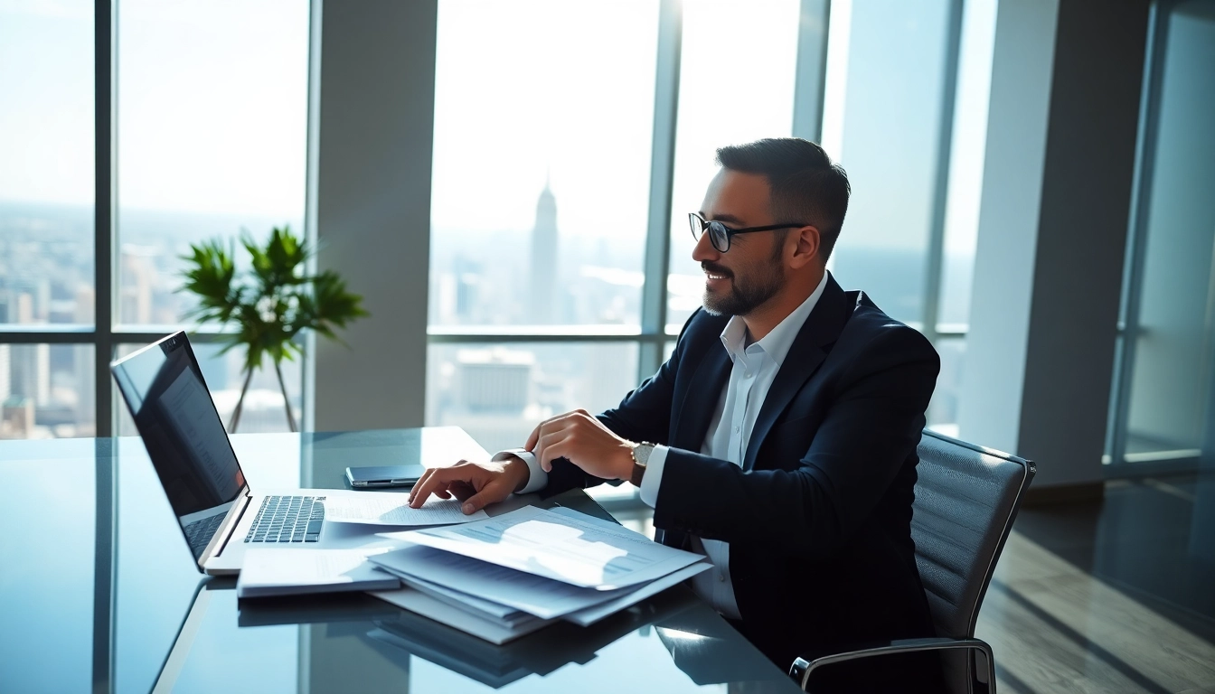 Engaging consultant analyzing Federal and State contracts and grants in a modern office.