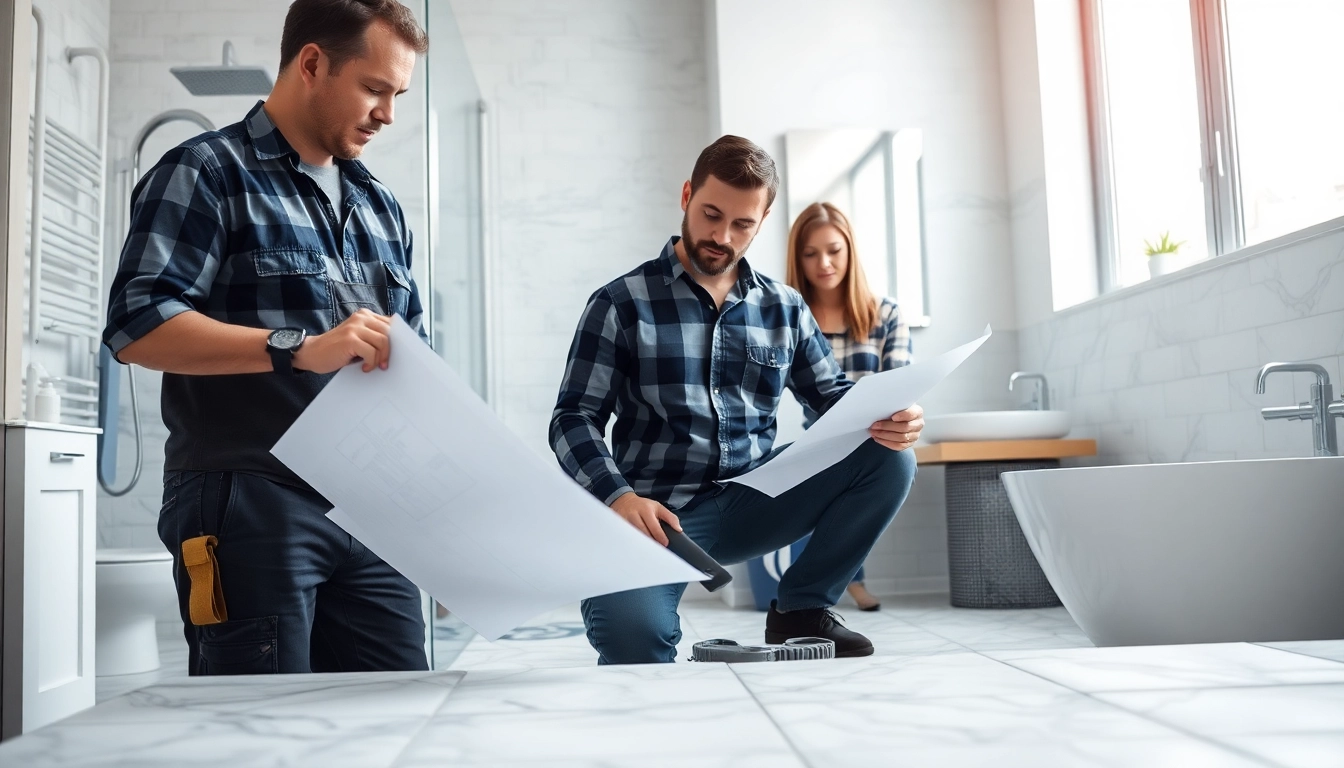 Bathroom contractors near me collaborating on a stylish renovation project with modern designs.