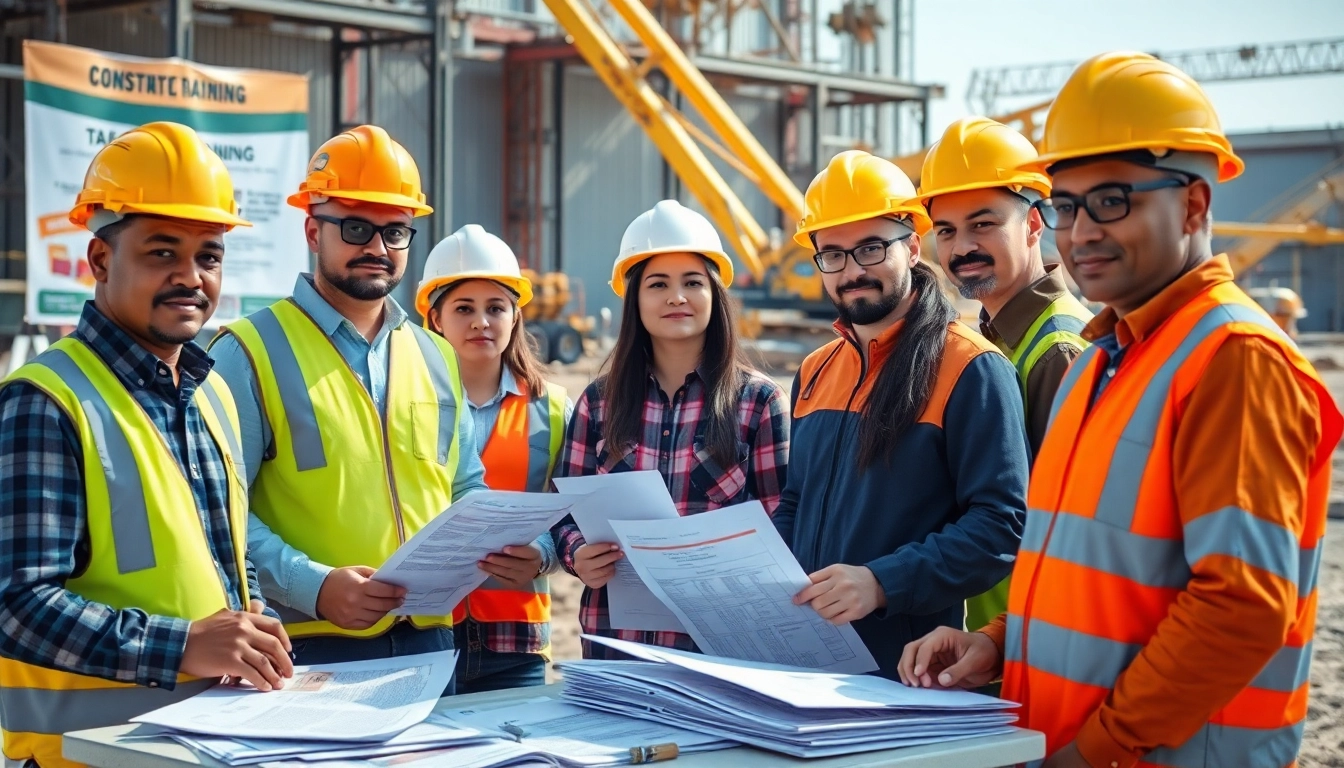 Engaged professionals participating in construction safety programs training on job site.