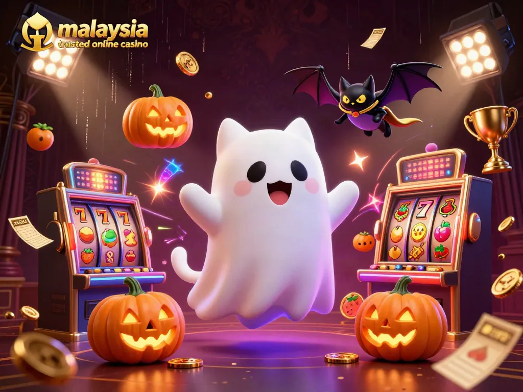 Engage with the thrills at a malaysia trusted online casino with floating ghost cat and vibrant gaming elements.