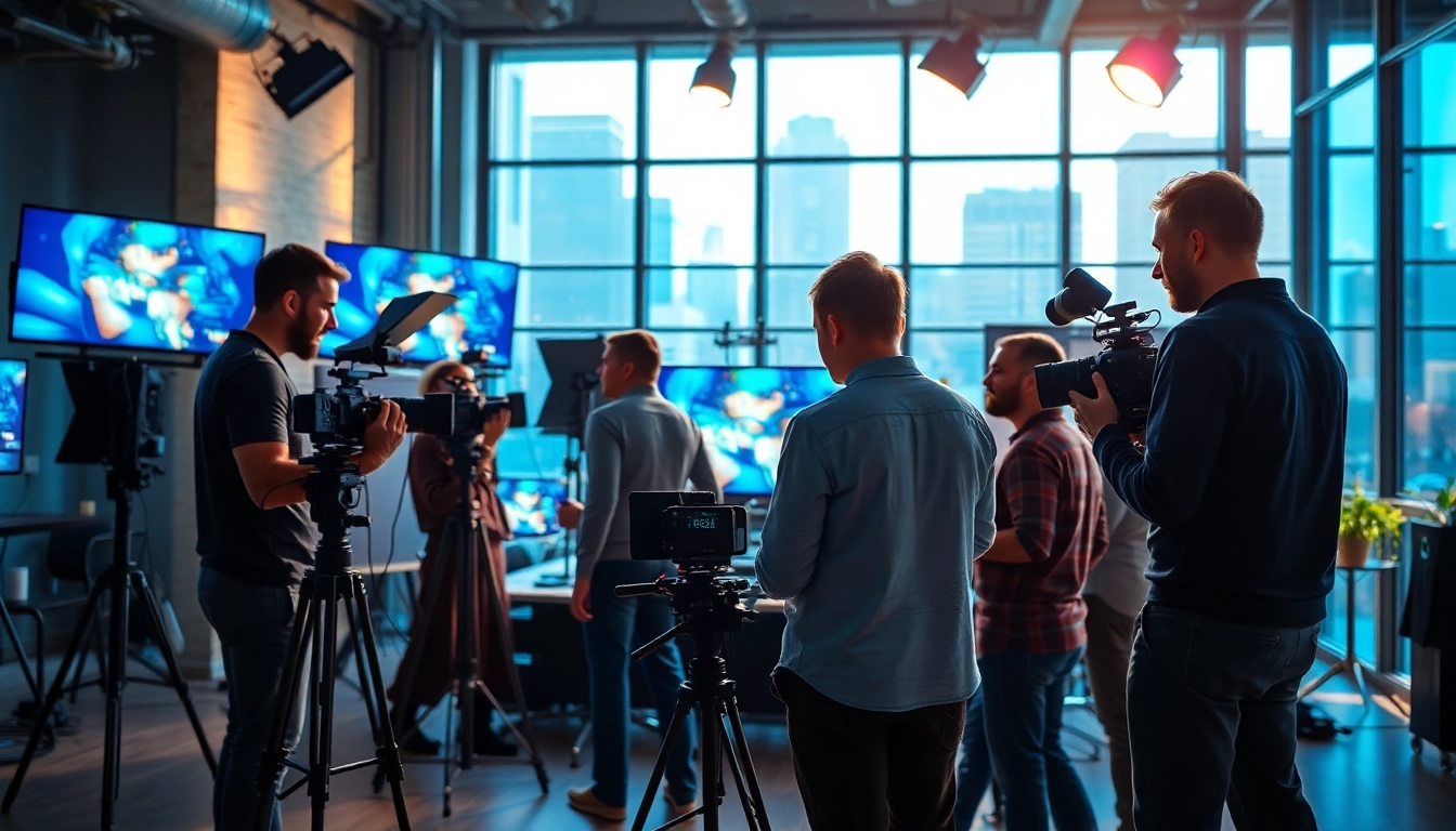 Collaborative video production team in an urban studio representing edmonton production companies.