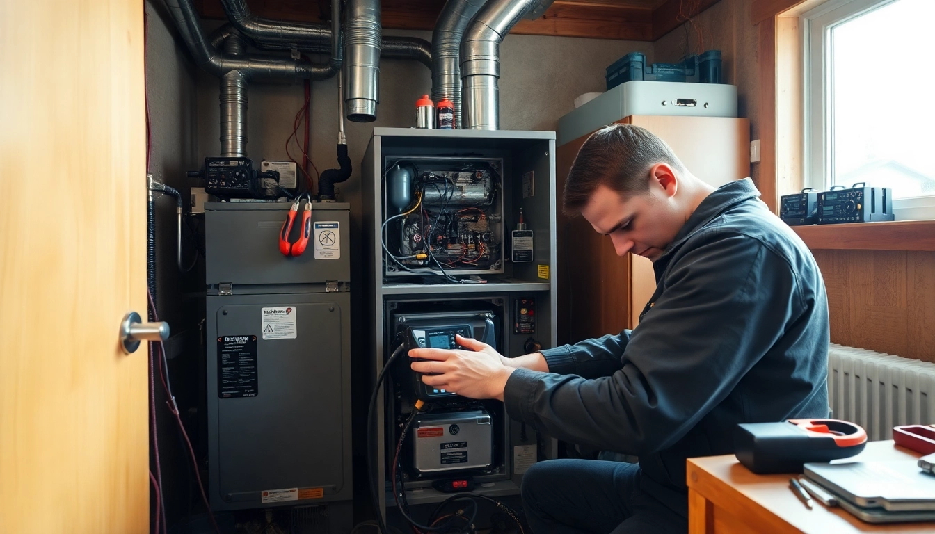 Expert in heating repair north vancouver working intently on a furnace with tools.