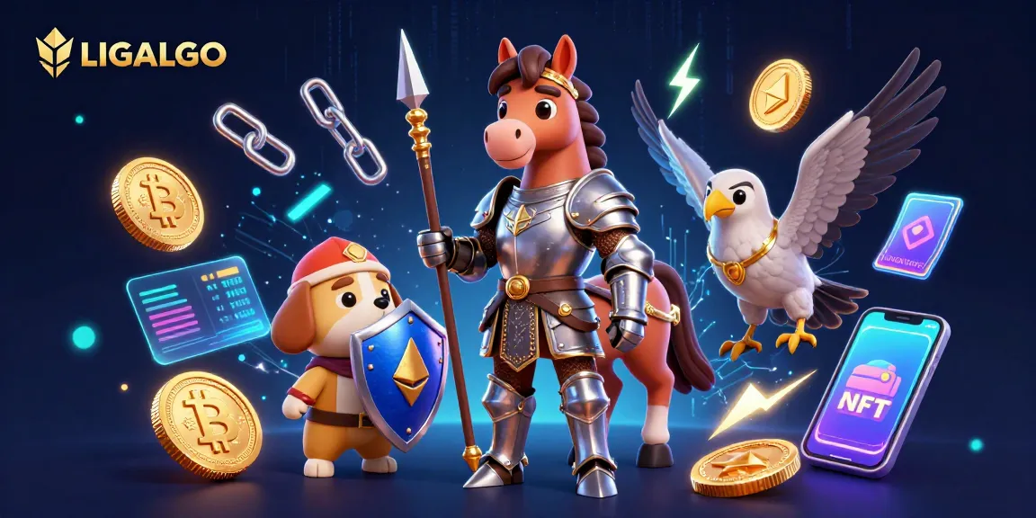Engage with LIGALGO's immersive gaming scene featuring knights and crypto elements in vibrant 3D detail.