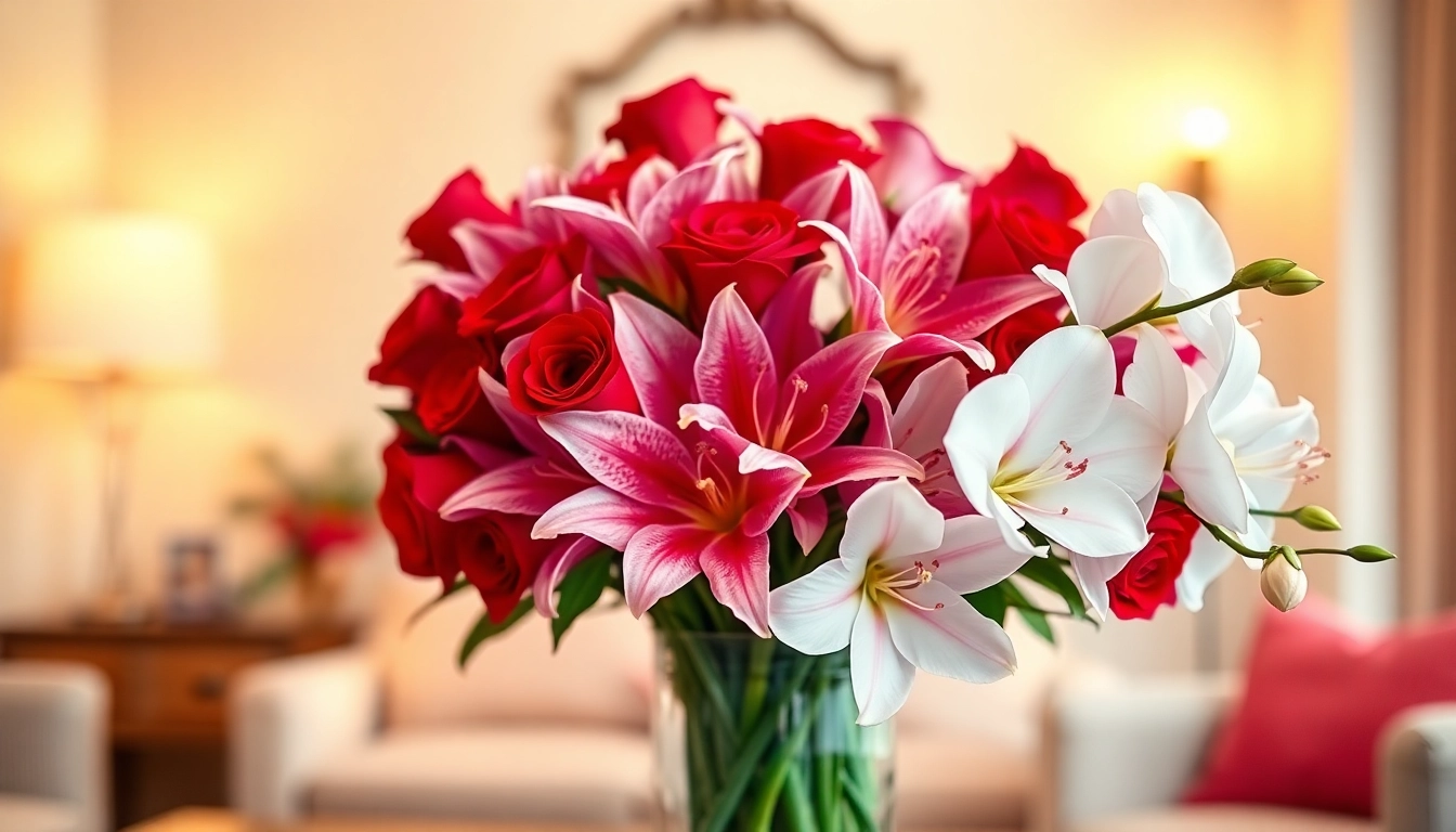 Beautiful valentines flowers bouquet featuring roses, lilies, and orchids arranged elegantly.