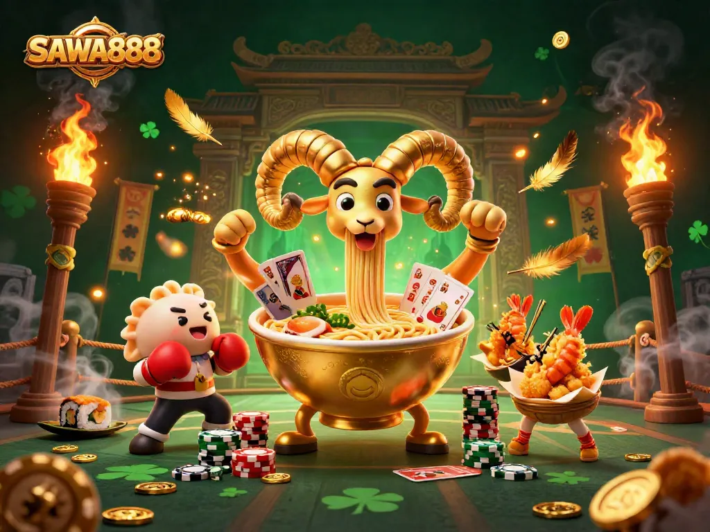 SAWA888 casino scene featuring playful ramen bowl dealer with chips and cards amidst golden elements and vibrant cheerleaders.