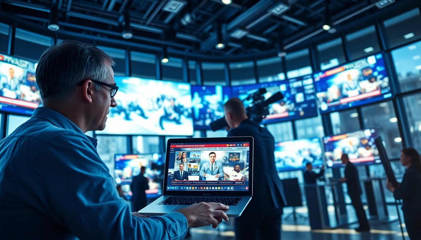 Journalist reporting the latest news amidst digital displays and screens.