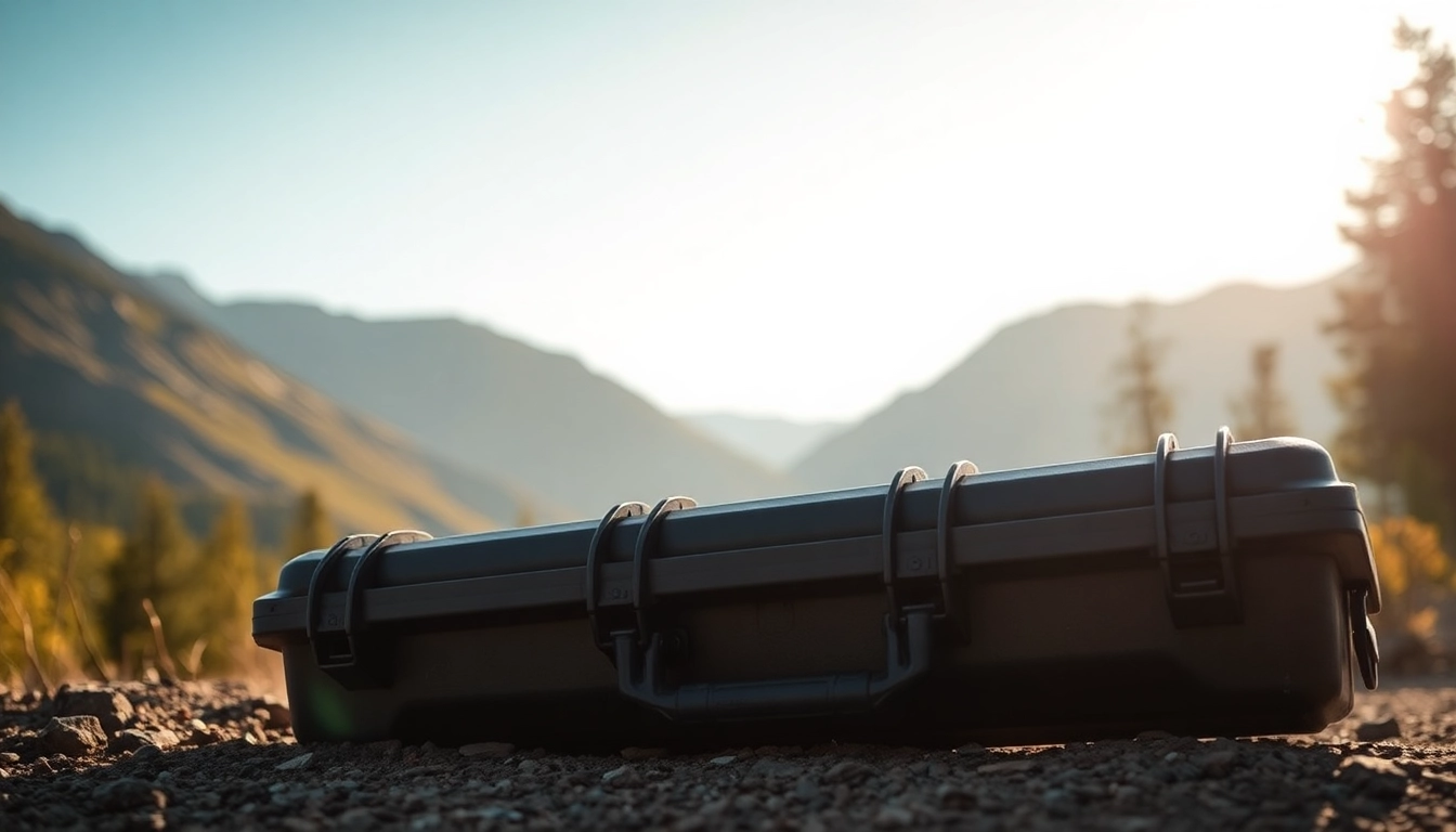 Showcasing a pelican rifle case in a stunning outdoor landscape, emphasizing its durability and features.
