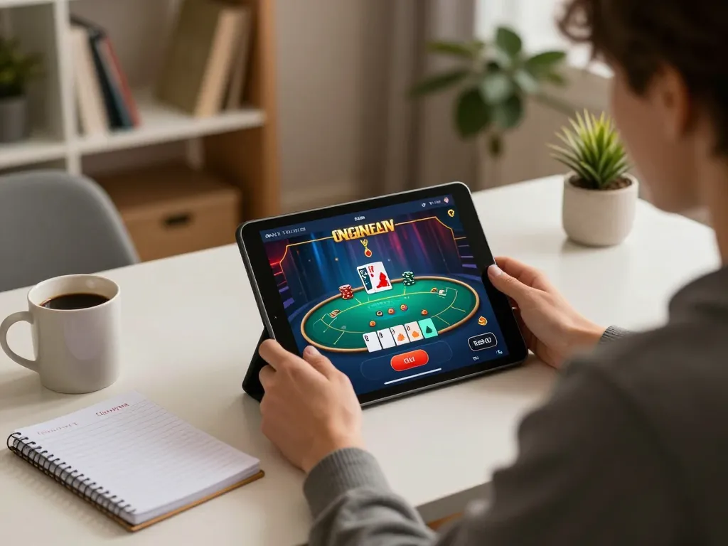 Engaging in giochi casino gratis senza registrazione while enjoying a cozy home atmosphere with a tablet and strategy notes.