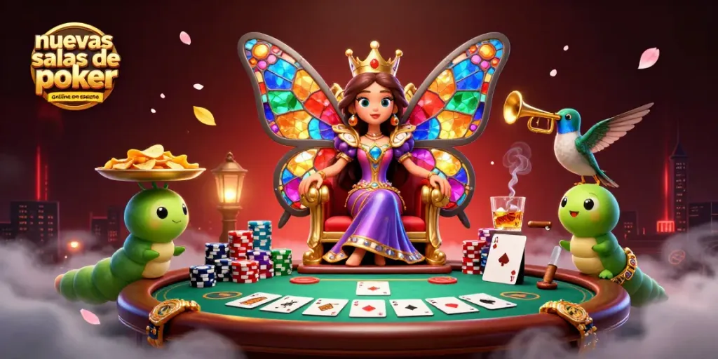 Juega en nuevas salas de poker online en España con una ilustración vibrante de póker y personajes únicos.