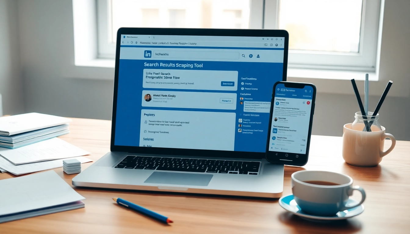 Showcasing a linkedin search results scraping tool on a laptop in a professional workspace.