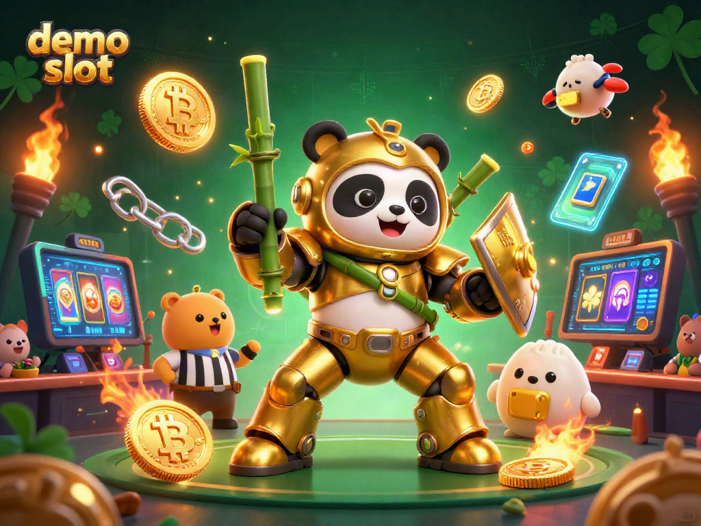 Spin the demo slot with the golden panda in a vibrant, cartoonish, casino-inspired arena.
