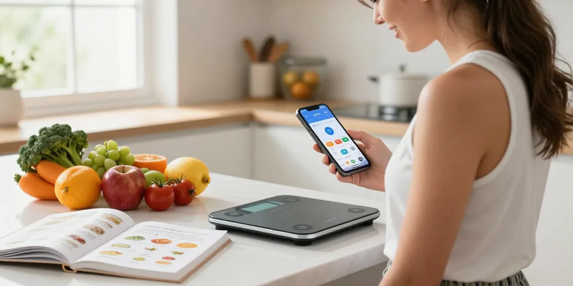 Young woman using the best AI calorie tracker in a bright kitchen, logging meals with fresh ingredients.