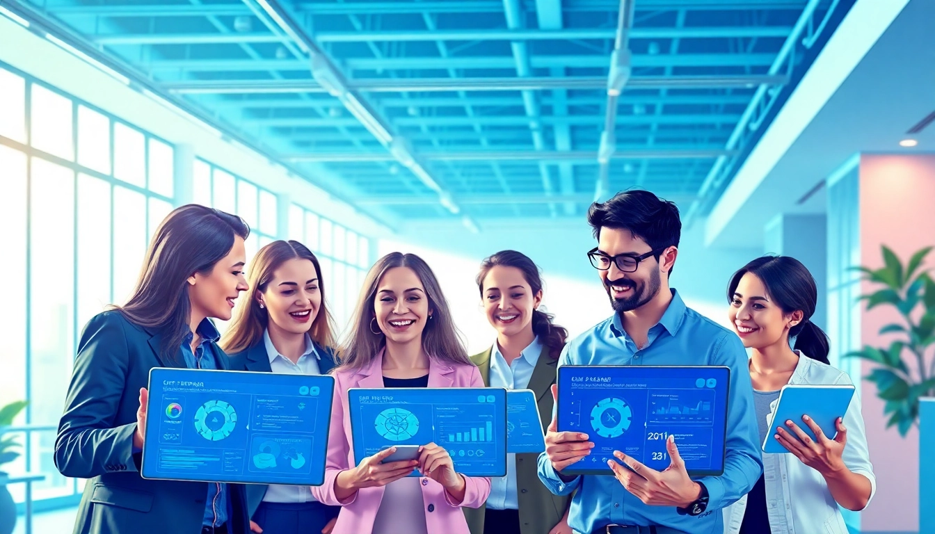 Engaging enterprise assistant aiding a diverse team in a modern office setup.