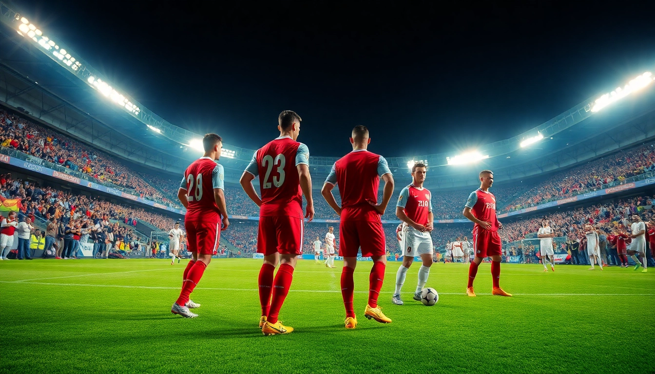 Engaging scene of soccer players in action, representing FIFA World Cup betting excitement in a vibrant stadium.