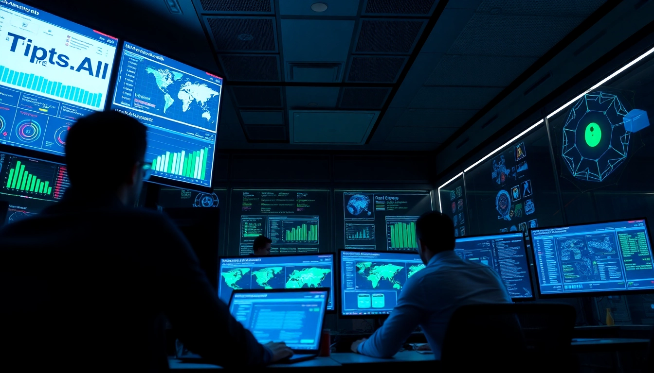 Cybersecurity AI team analyzing data in a modern operations center.