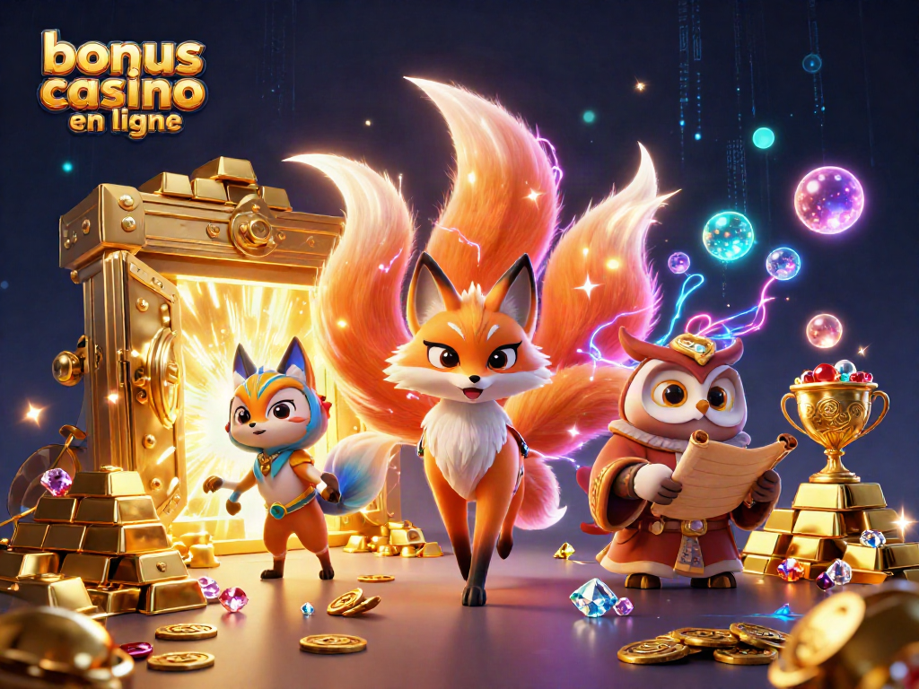 Profitez des bonus casino en ligne avec une illustration captivante de jeux et trésors lumineux.