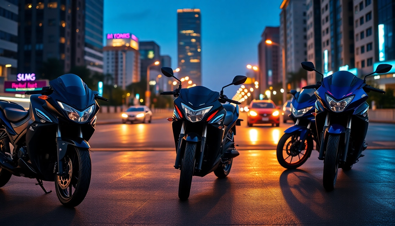 Showcasing 125cc and 250cc beginner motorcycles lined up in a vibrant urban street.