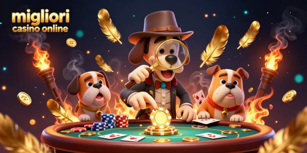 I migliori casino online mostrano un detective che esamina una fiches d’oro mentre il suo compagno prende appunti.