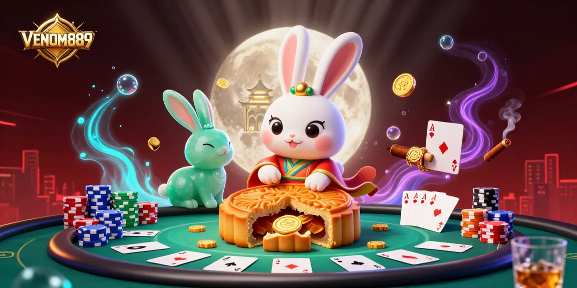 Experience entertainment at VENOM889 with a vibrant casino-themed scene featuring poker and moon rituals.