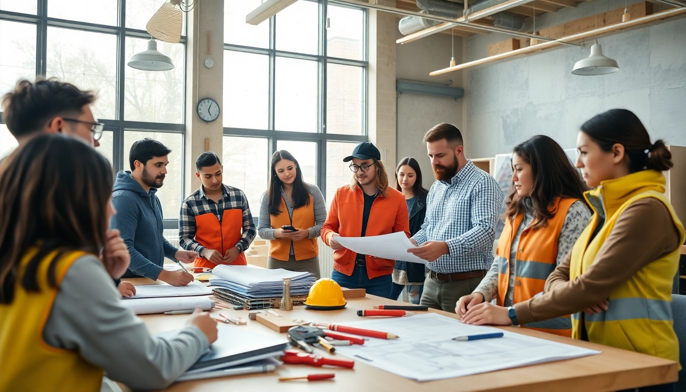 Engaged participants in construction training programs collaborating in a bright classroom.