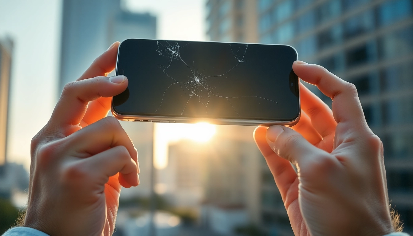 Damaged phone cash being offered for a cracked smartphone in an urban setting.