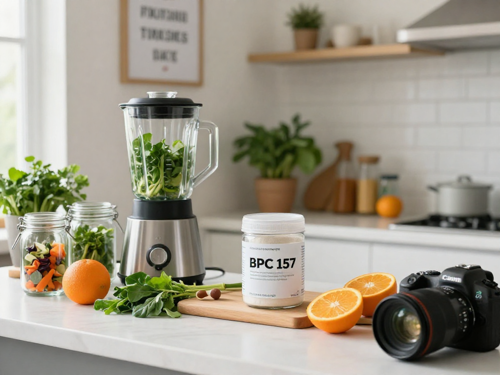 Juicing fresh ingredients while highlighting BPC 157 benefits in a vibrant kitchen.