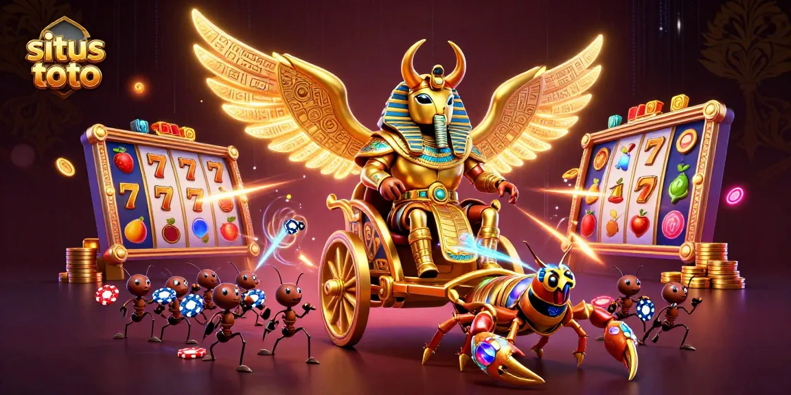 Experience vibrant situs toto slot action with a golden scarab and jewel scorpions in a dynamic casino scene.