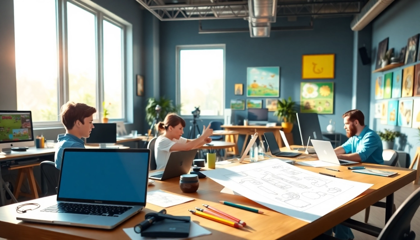 Animationsstudio mit kreativen Künstlern, die an Projekten arbeiten und kreative Energien austauschen.