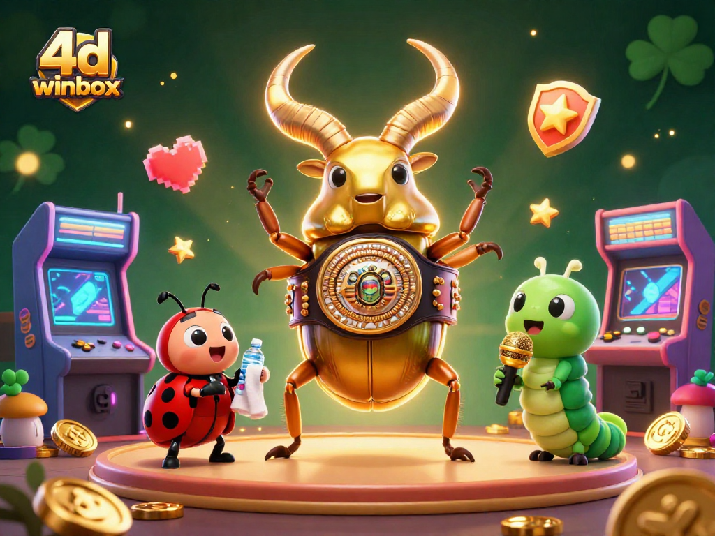 Engage with 4d winbox in this vibrant 3D illustration featuring gambling-themed characters and arcade elements.