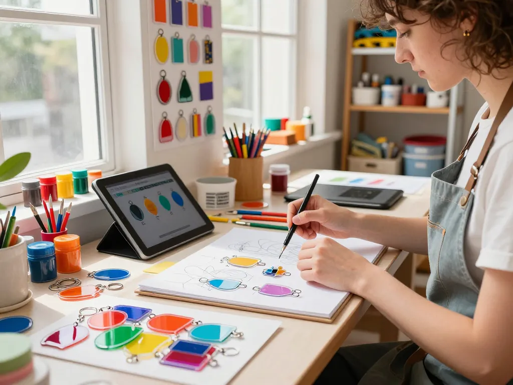 Customized acrylic keychain manufacturer showcasing a vibrant workspace with an artist designing colorful keychains.