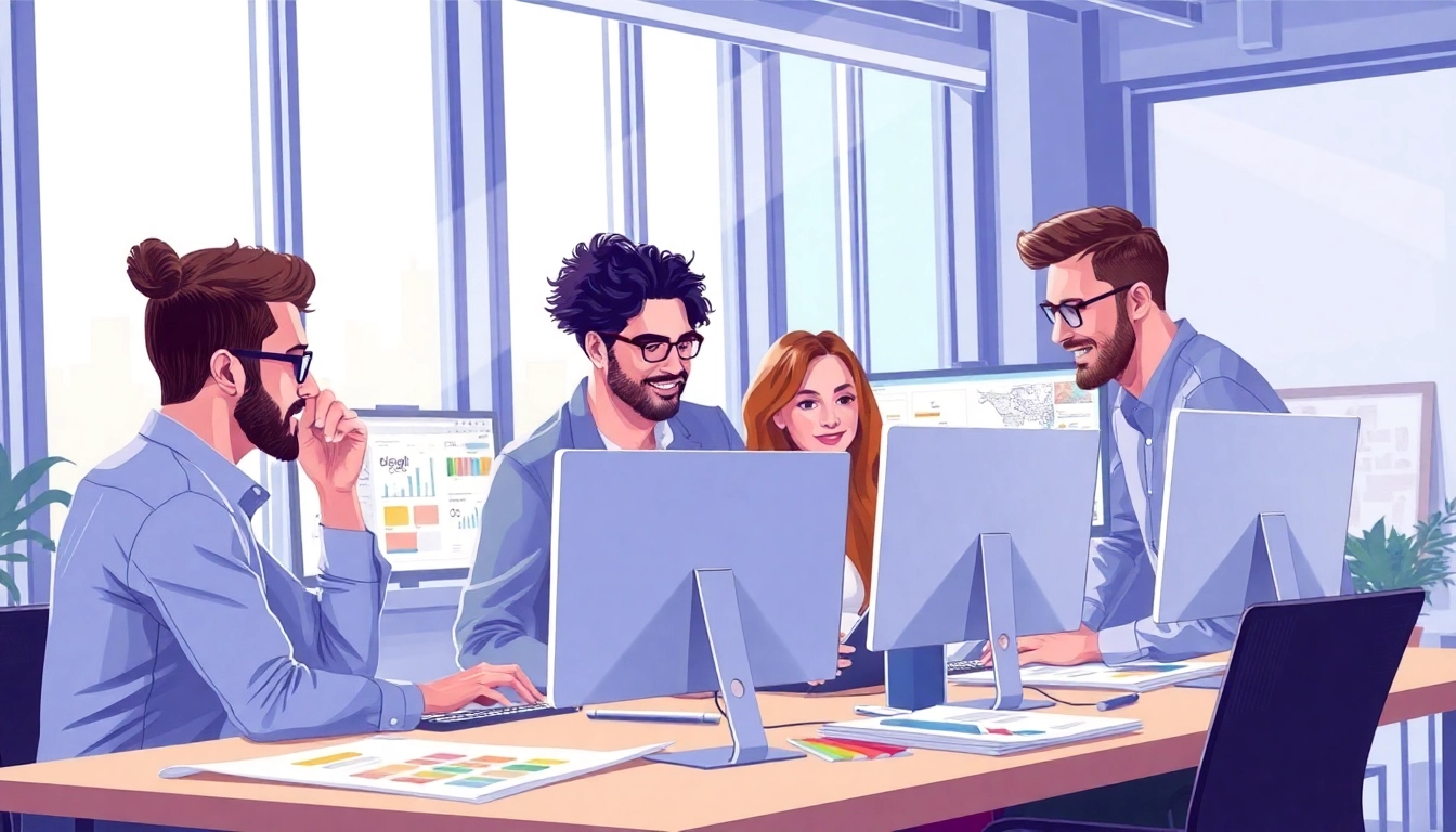 Creating stunning web design edmonton with a collaborative team in a modern workspace.
