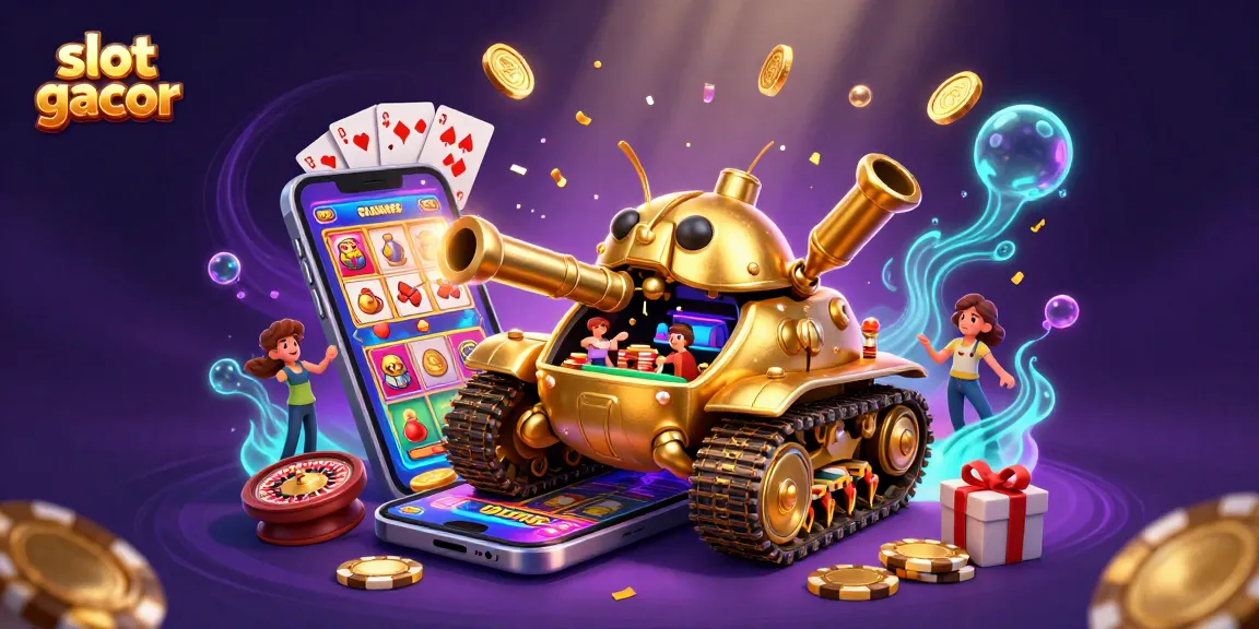 Spin the slot gacor reels amidst a miniature casino in a golden beetle tank with confetti bursts.