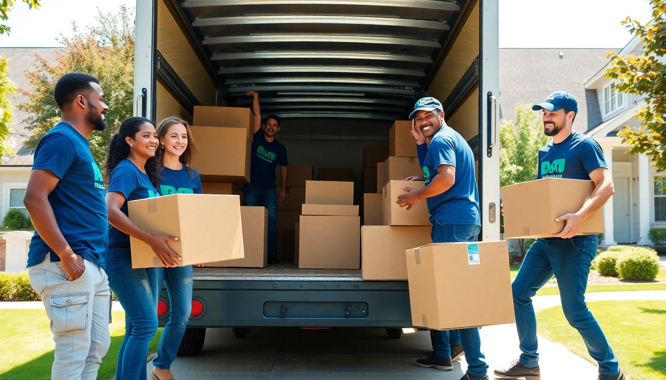 Movers lifting boxes while packing a moving truck, representing reliable moving companies.