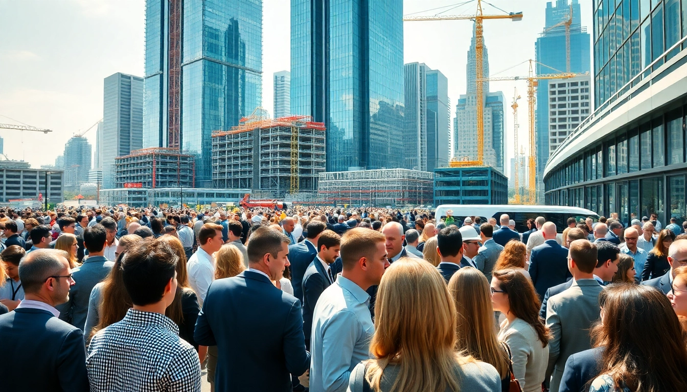 Networking at construction networking events showcasing professionals interacting in an urban setting.