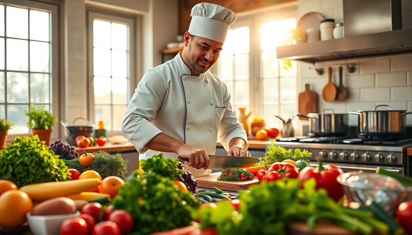 Discover interesting dish facts with a chef preparing fresh ingredients in a vibrant kitchen.